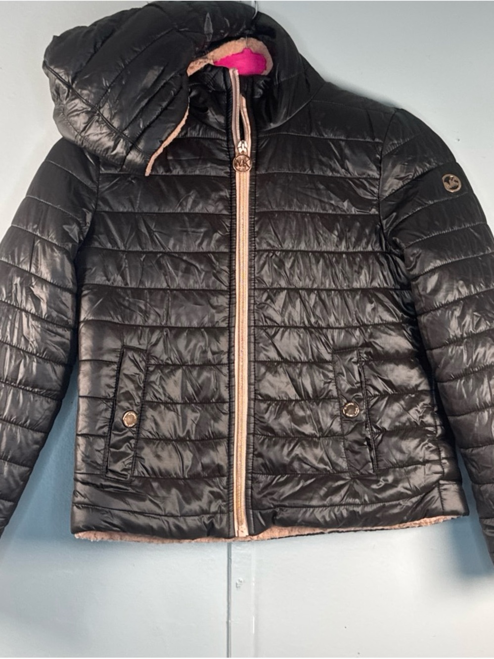 Michael Kors Girls Black Quilted Puffer Jacket with Pink Trim